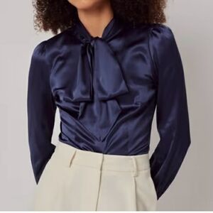 Satin Tie-Neck Blouse in Navy - Elegant Women's Long Sleeve Top
